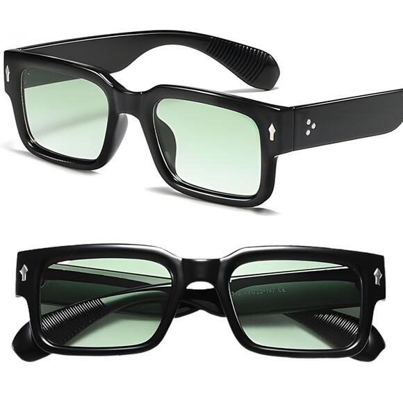 Classic Rectangular Sunglasses Black Frame Green Lenses UV400 Unisex Trendy - Picture 1 of 3